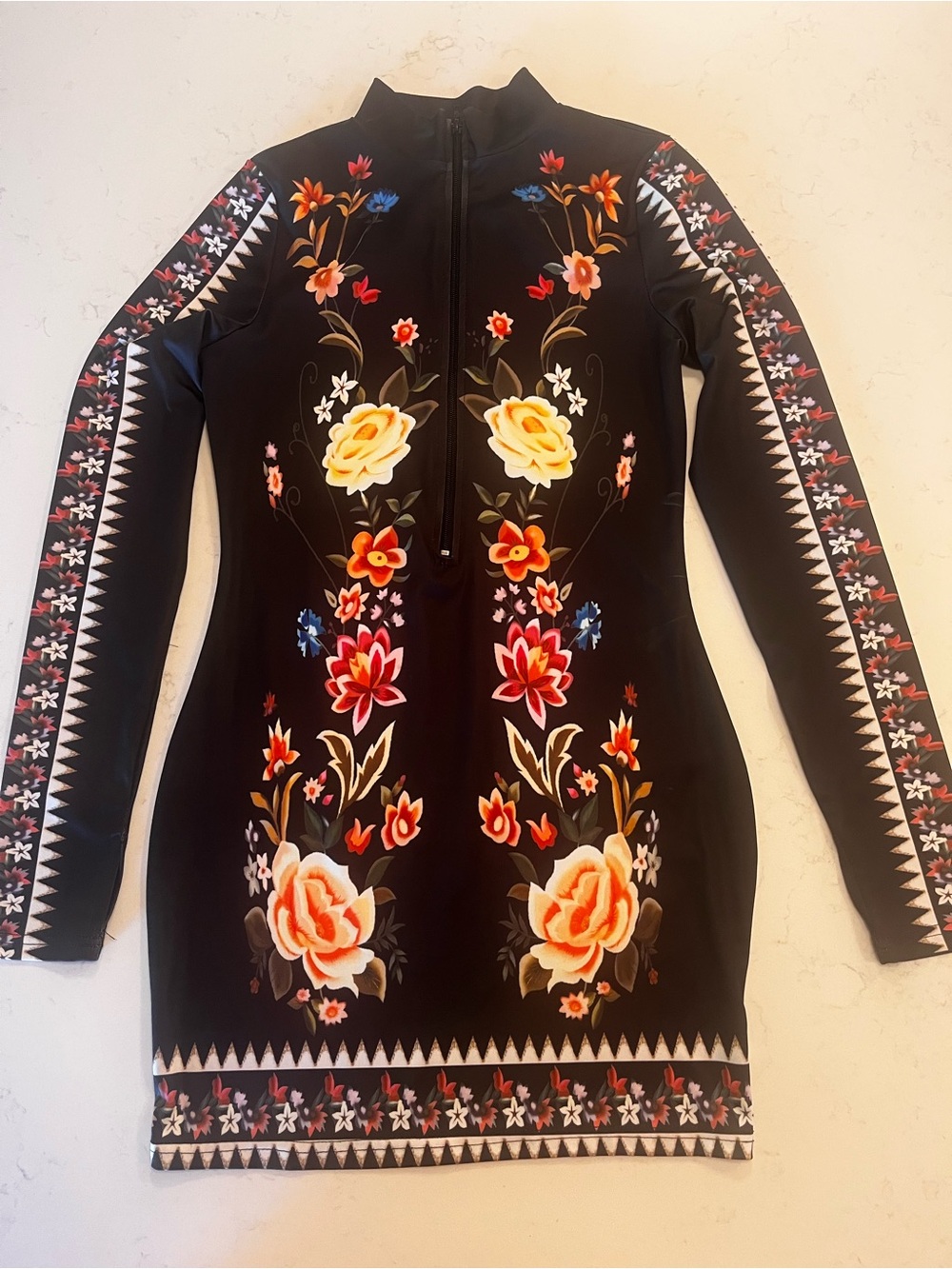 ChicMe Vintage Mexican Floral Mock Neck Zip Mini Dress L Like New